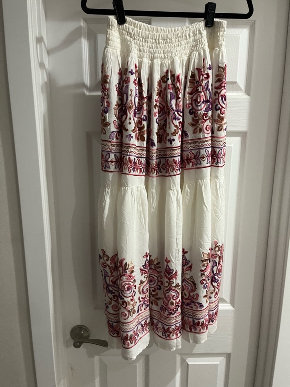 Cream Embroidered Tiered Maxi Skirt - Boho Floral Design